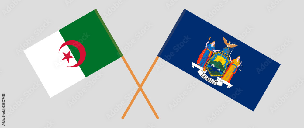 Crossed flags of Algeria and The State of New York. Official colors. Correct proportion Crossed flags of Algeria and The State of New York. Official colors. Correct proportion
