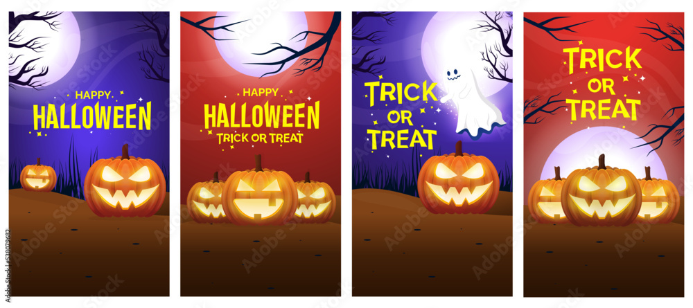 Happy Halloween trick or treat story design set for social media with scary pumpkins and spooky night forest, Halloween  design collection