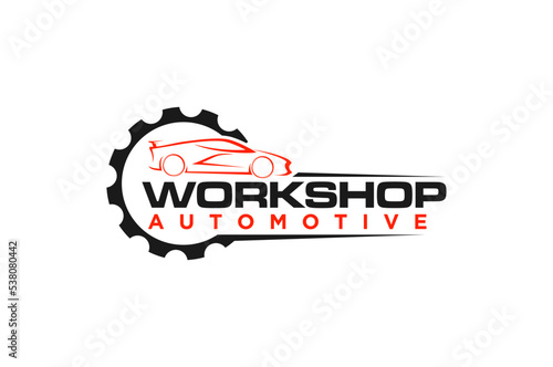 Automotive workshop car garage logo design with gear icon symbol speed shop illustration