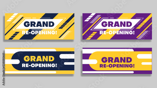 set of grand re-opening banner background with flat shapes in yellow, purple and dark blue color