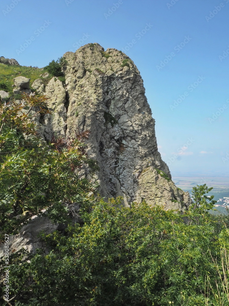 View of the mountain slopes, rocks and landscape from Mount Beshtau. Pyatigorsk, Russia.
