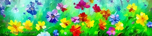 Horizontal banner for website design, digital drawing of beautiful flowers in the painting on paper style