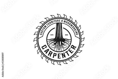 Capenter wood work logo design wood circular saw vintage timber lumberjack wood log stump tree element