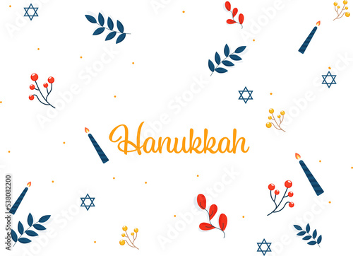 Hanukkah Lettering With Lit Candles, Berries, Leaves, Stars Of David Decorated Background.