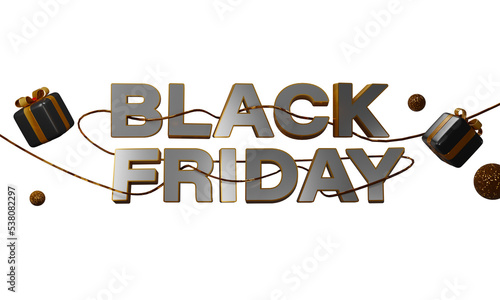 3D Black Friday Text With Golden String, Gift Boxes And Glitter Balls Decorated Background. Advertising Banner Design.