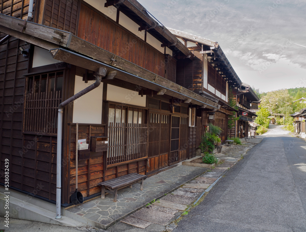 Tsumago,post town in Japan.Tsumagojuku of Nakasendo(ancient post road) in Minamikisocho,Nagano prefecture.Famous travel landmark of preserved old Japanese town.