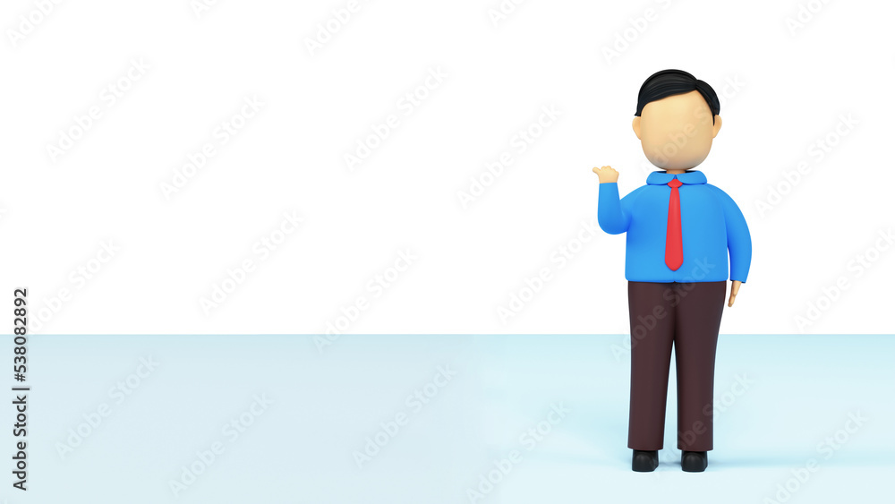 3D Cartoon Businessman Showing Something Against White And Blue Background. 3D Cartoon Businessman Showing Something Against White And Blue Background.
