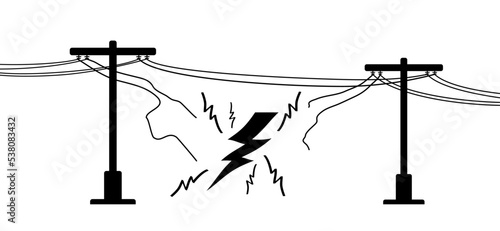 Tangent towers. High voltage pole, electric wires and telephone cable, wire line pylon, poles network. Broken electric pylons, power transmission line. Cartoon for socket, electricity cable circuit. 