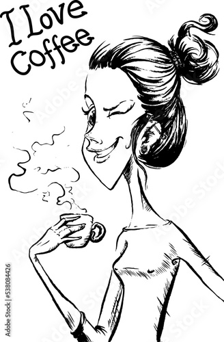 Cute girl sitting and drinking coffee illustration. Cartoon sketch of women haivng morning coffee and wink.