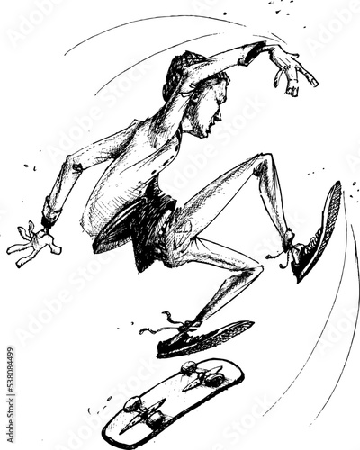 Drawing of a young man riding skateboard. Illustration of skater doing tricks hand drawn.