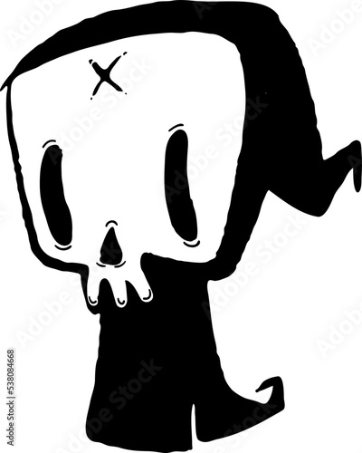 Grim reaper illustration. Cartoon  Halloween death skeleton mascot isolated on white background. Outlined