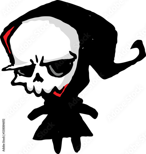 Grim reaper illustration. Cartoon  Halloween death skeleton mascot isolated on white background. Outlined