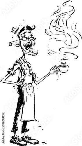 Funny cartoon sketch of a boy or man barista holding cup of hot coffee. Cartoon sketch illustration hand drawn with ink pen. Vector