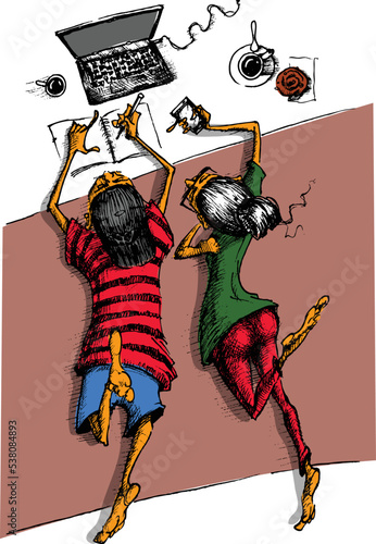 Illustration of young couple lying on the bed and watchin movie on computer. Boy and girl in love hand drawn sketch vector