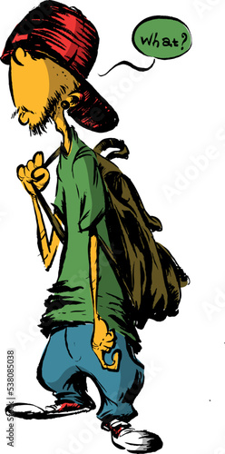 Funny rapper boy cartoon. Handdrawn illustration of hip-hop boy wearing baggy pants and snap back cap
