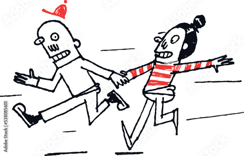 Cartoon couple young boy and girl runing holding hands.