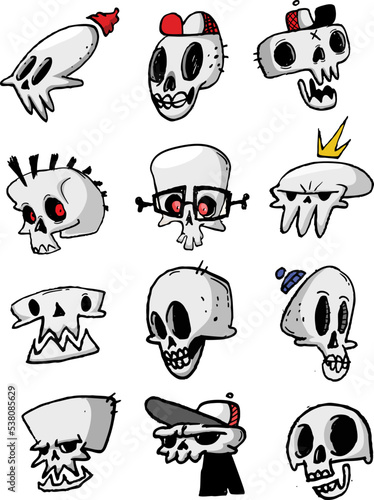 Cartoon  Halloween funny skulls set isolated on white background. Grim reapers illustration. Great for icon