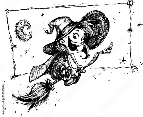 Cartoon witch flying on her broom. Vector Halloween  illustration. Hand drawn vector