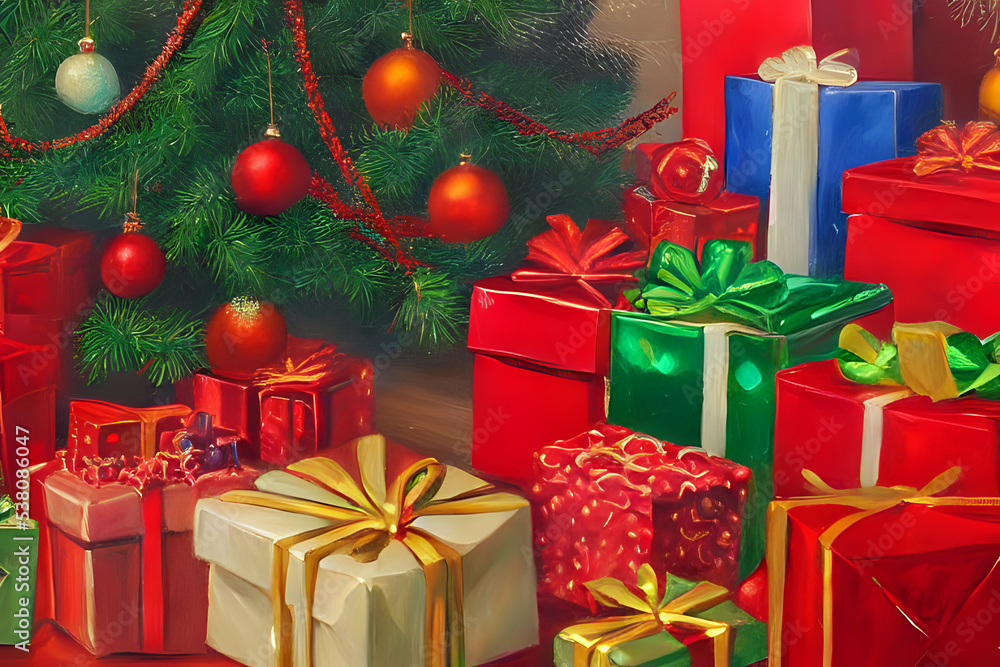 Festive gifts around a decorated Christmas tree. Generative AI creation. Festive gifts around a decorated Christmas tree. Generative AI creation.