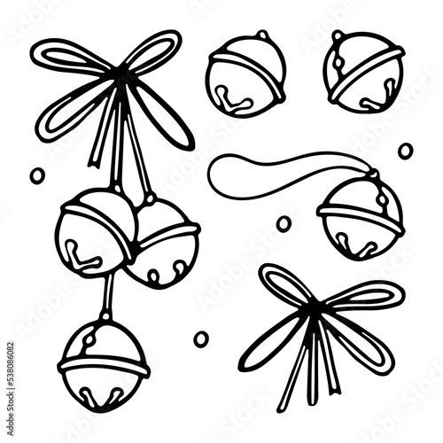 Christmas sleigh bells with ribbon bow on a white background in cartoon style Vector. Jingle Bells set hand drawn Outline linear drawing of Coloring book page for adults and children