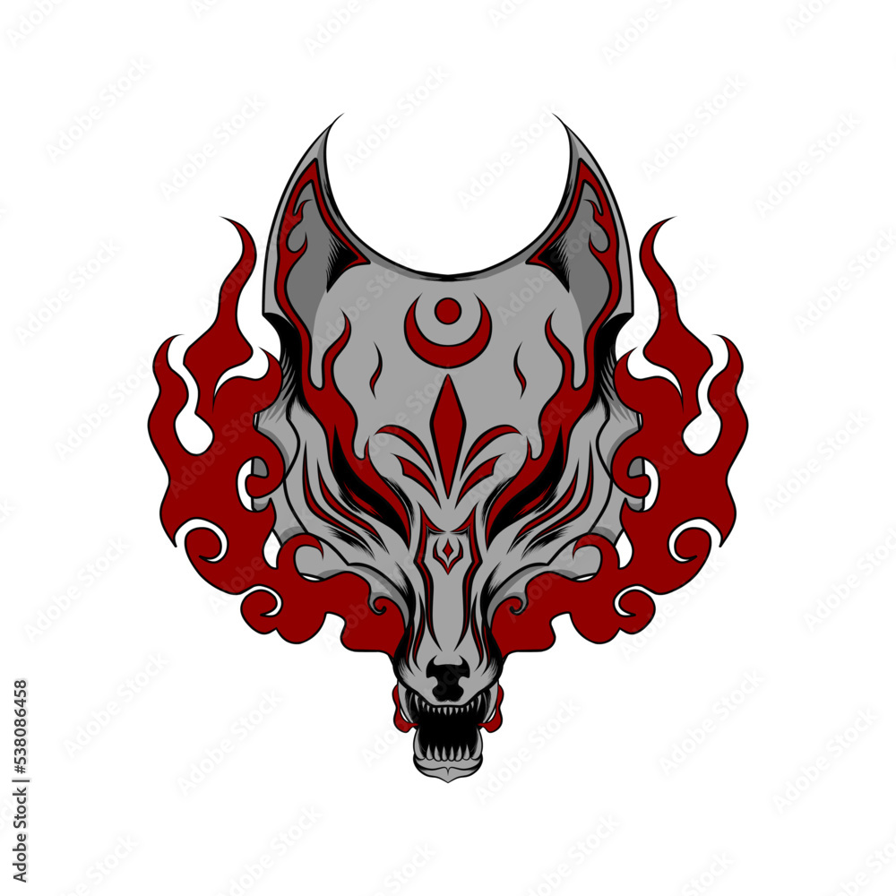 Kitsune Mask Illustration Design with Moon and Sun Simbol in Head