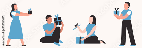 Illustration of people giving and receiving presents, unpack gifts, holiday set