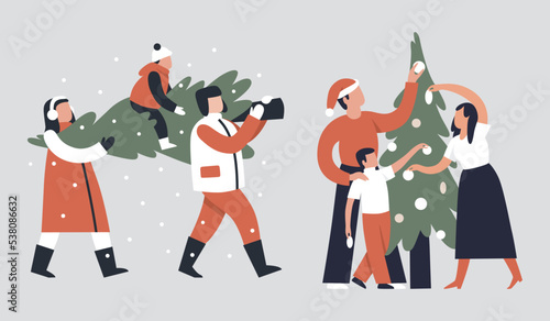Illustration of a family with a Christmas tree, family carrying a Christmas tree, family decorating, holidays with family