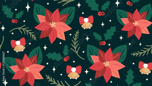 seamless vector pattern background illustration with berries, stars, christmas bells ornament, mistletoe and poinsettia flowers