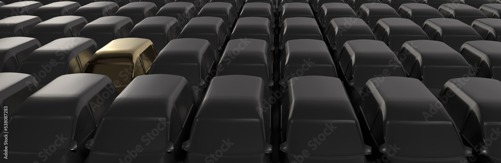 Obraz premium Dark narrow background with standing cars. One of the cars is highlighted. Banner on the theme of ecology and unusual cars that stand out from others