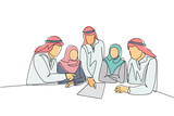 One continuous line drawing of young muslim businesspeople discussing deal project together while team meeting. Islamic clothing shemag, scarf, hijab. Single line draw design vector illustration