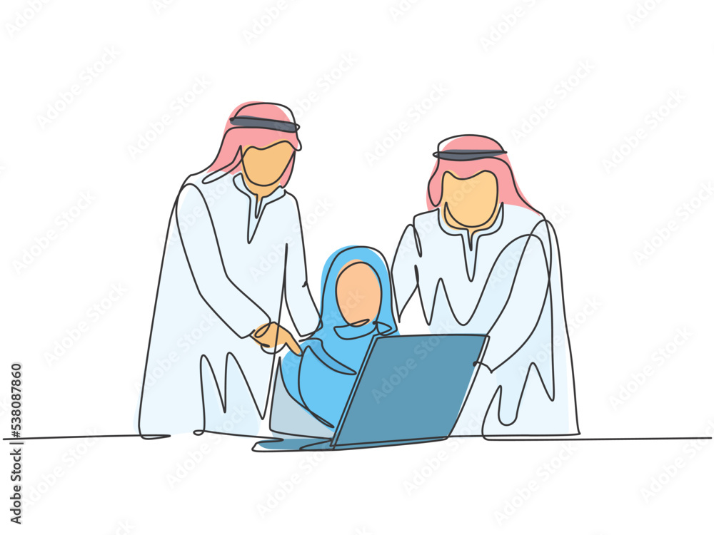 Single continuous line drawing of young happy muslim workers watching business training video on laptop. Arab middle east cloth shmagh, hijab, thawb, robe. One line draw design vector illustration Single continuous line drawing of young happy muslim workers watching business training video on laptop. Arab middle east cloth shmagh, hijab, thawb, robe. One line draw design vector illustration