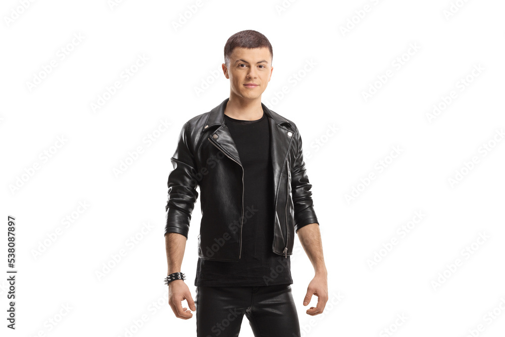 Young male in leather jacket and pants posing Young male in leather jacket and pants posing