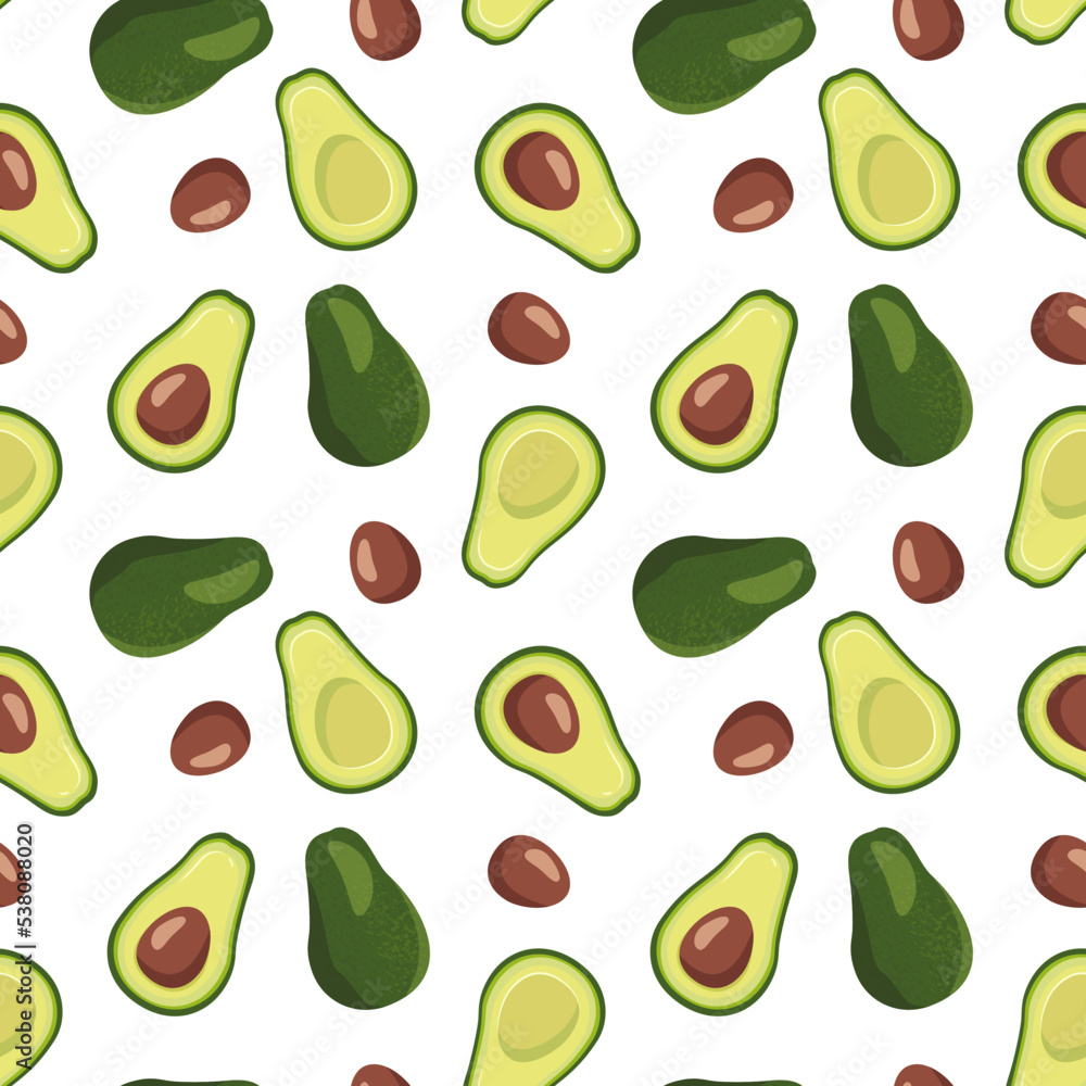 Seamless pattern with green avocado on white background. Bright print with fruits or vegetables, healthy food for clothing, wrapping paper, design. Vector flat illustration Seamless pattern with green avocado on white background. Bright print with fruits or vegetables, healthy food for clothing, wrapping paper, design. Vector flat illustration