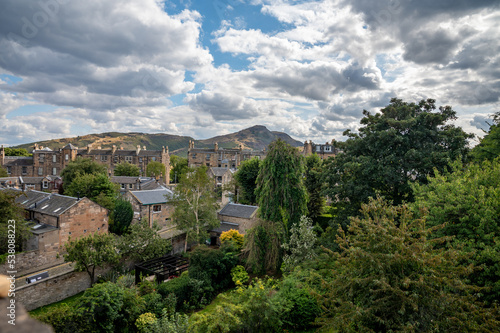 New town in Edinburgh city, view on houses, hills and trees in old part of the city, Scotland, UK photo