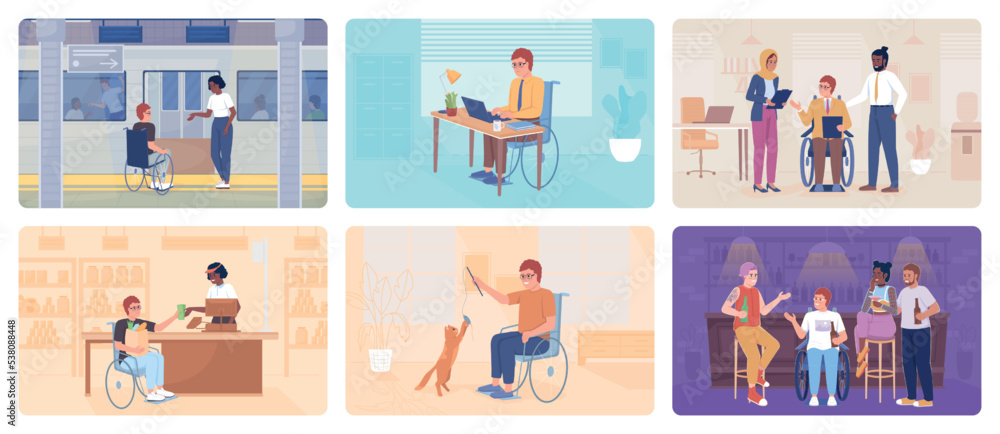 Disabled person lifestyle 2D vector isolated illustration set. Social inclusion flat characters on cartoon background. Routine colourful editable scenes collection for mobile, website, presentation