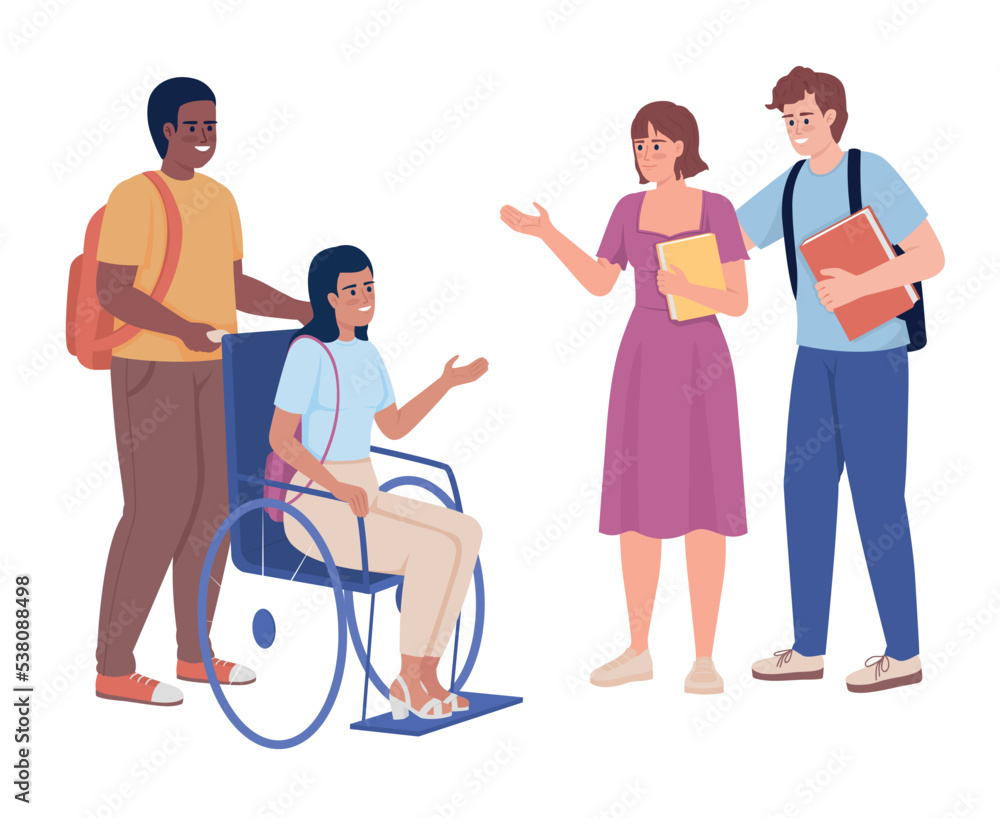 Students interaction semi flat color vector characters. Editable figures. Full body people on white. Social inclusion and equity simple cartoon style illustration for web graphic design and animation