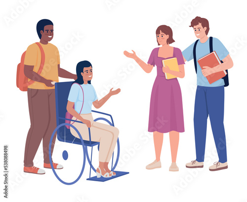 Students interaction semi flat color vector characters. Editable figures. Full body people on white. Social inclusion and equity simple cartoon style illustration for web graphic design and animation