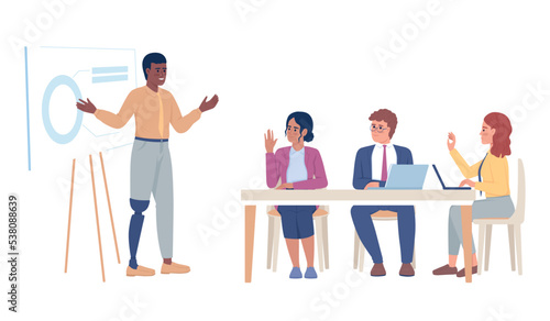 Business plan presentation semi flat color vector characters. Editable figures. Full body people on white. Inclusion simple cartoon style illustration for web graphic design and animation