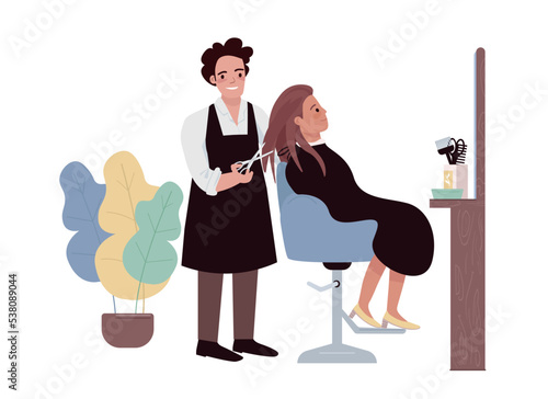 Hairdressing salon 2D vector isolated illustration. Hair styling flat characters on cartoon background. Beauty procedure and care colourful editable scene for mobile, website, presentation