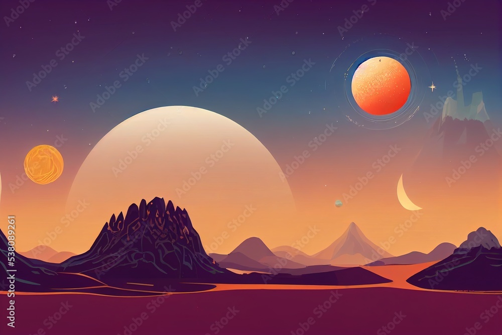 Alien planet landscape with volcano, river, stars and moons in sky ...