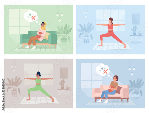 Menstrual pain and sports activity flat color vector illustrations set. Ways to relieve cramps during period. Fully editable 2D simple cartoon characters with home interior on background