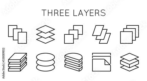 Layered materials icons set. Three-layer materials. Fabric, sheets, substrate, coating, membrane, insulation.