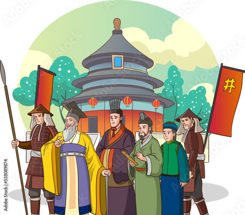 Japanese, Chinese, Mongolian Khan. Eastern warrior sitting in lotus position on the ground. Oriental man in helmet and with bow and sword. Cartoon cute character. Isolated