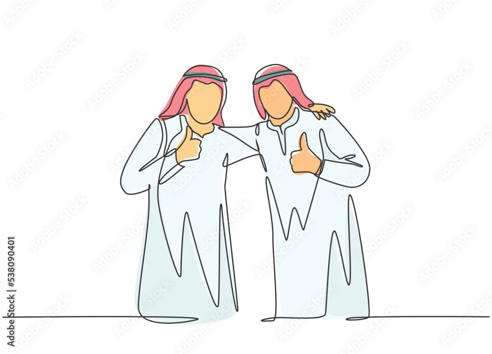 One single line drawing of young happy muslim businessman giving thumbs up gesture with colleague. Saudi Arabia cloth shmag, kandora, headscarf, thobe. Continuous line draw design vector illustration One single line drawing of young happy muslim businessman giving thumbs up gesture with colleague. Saudi Arabia cloth shmag, kandora, headscarf, thobe. Continuous line draw design vector illustration