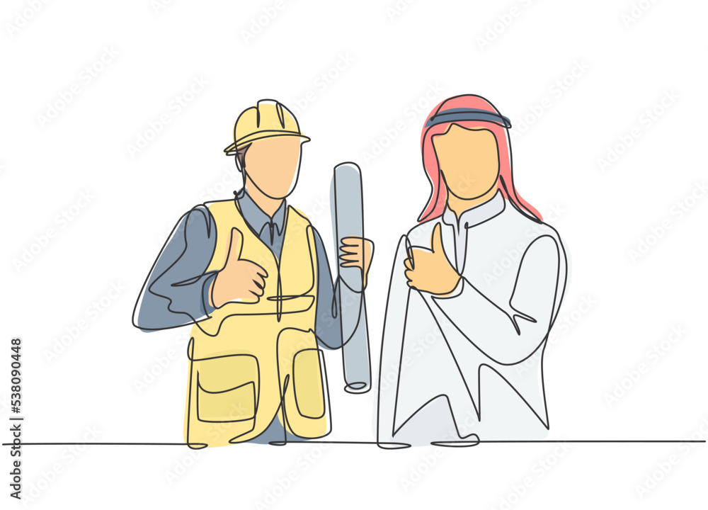 One continuous line drawing of muslim businessman and building constructor collaboration and give thumbs up. Islamic clothing kandura, scarf, keffiyeh. Single line draw design vector illustration One continuous line drawing of muslim businessman and building constructor collaboration and give thumbs up. Islamic clothing kandura, scarf, keffiyeh. Single line draw design vector illustration