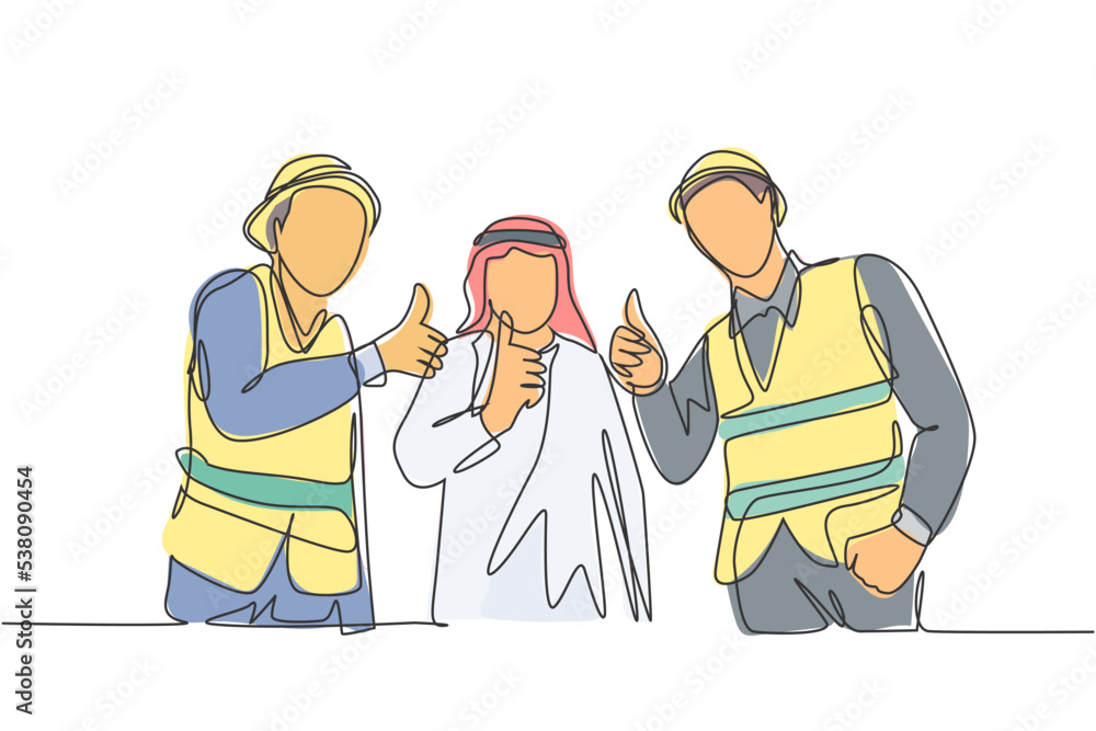 One continuous line drawing of young muslim businessman and building contractor giving thumbs up together. Islamic clothing shemag, kandura, scarf keffiyeh. Single line draw design vector illustration