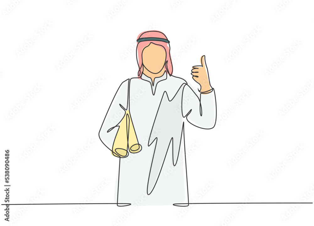 One single line drawing of young happy muslim architect bring building floor plan while thumb up. Saudi Arabia cloth shmag, kandora, headscarf, thobe. Continuous line draw design vector illustration One single line drawing of young happy muslim architect bring building floor plan while thumb up. Saudi Arabia cloth shmag, kandora, headscarf, thobe. Continuous line draw design vector illustration