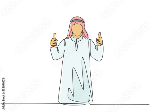 One single line drawing of young happy muslim startup team member giving thumb up gesture. Saudi Arabia cloth shmag, kandora, headscarf, thobe, ghutra. Continuous line draw design vector illustration
