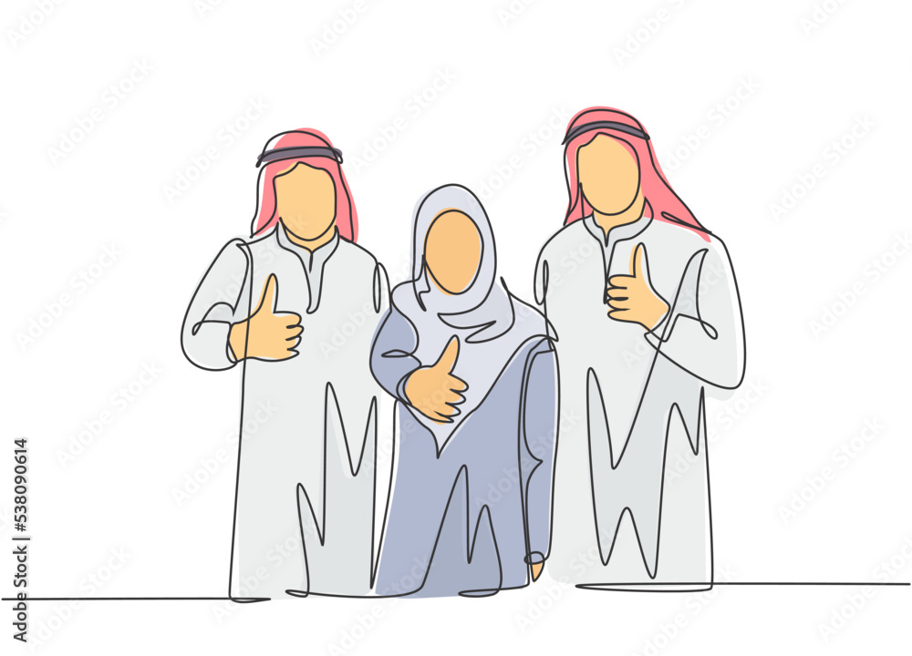 One continuous line drawing of young happy muslim employees giving thumbs up gesture to celebrate job promotion. Islamic clothing shemag, scarf, keffiyeh. Single line draw design vector illustration