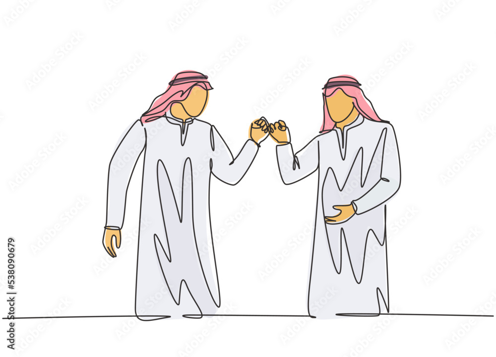 One single line drawing of young happy muslim workers fist bump their hands together. Saudi Arabian businessmen with shmag, kandora, headscarf, thobe. Continuous line draw design vector illustration One single line drawing of young happy muslim workers fist bump their hands together. Saudi Arabian businessmen with shmag, kandora, headscarf, thobe. Continuous line draw design vector illustration